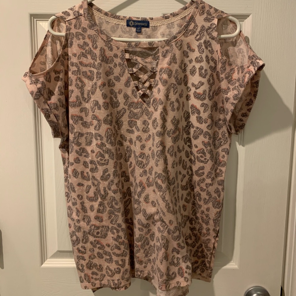 Democracy Brand animal print cold shoulder top